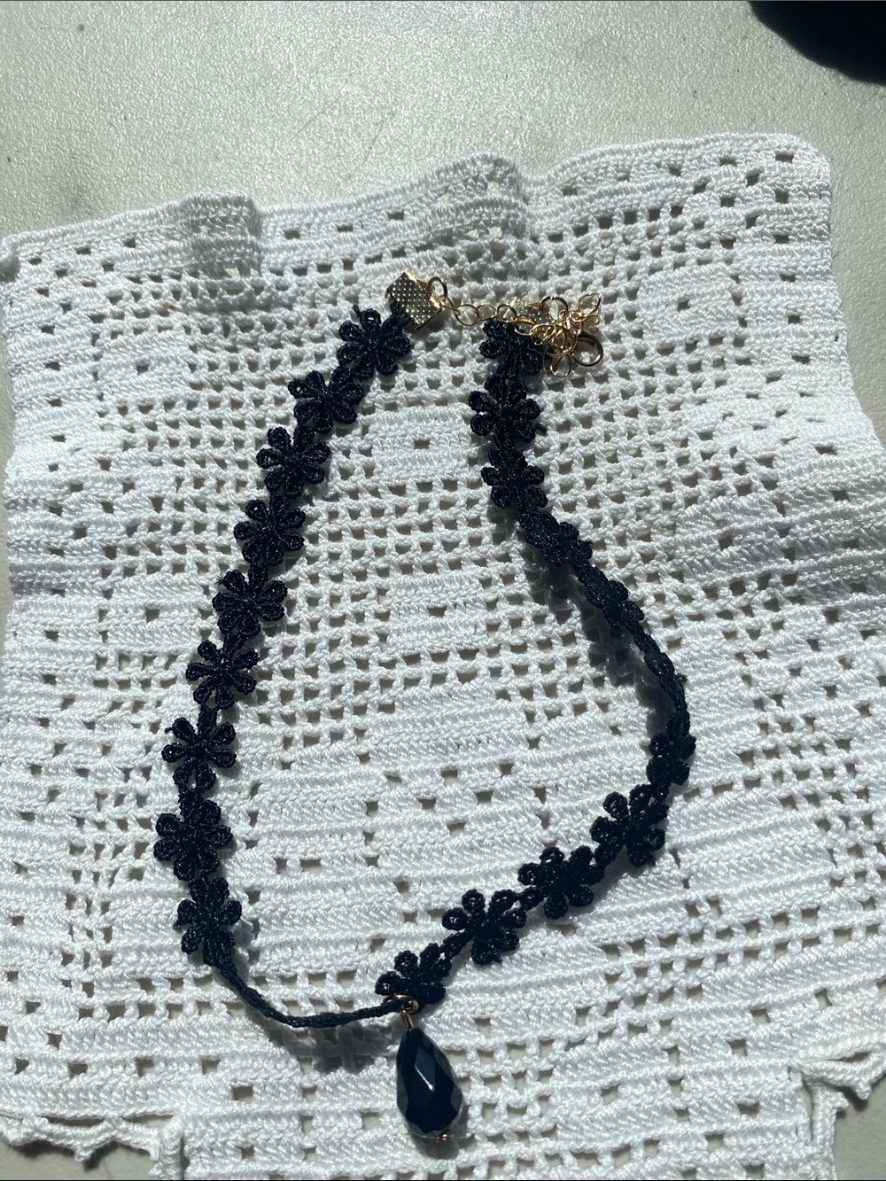 Hand Crafted Black Floral Lace Choker Necklace with Faceted Pendant